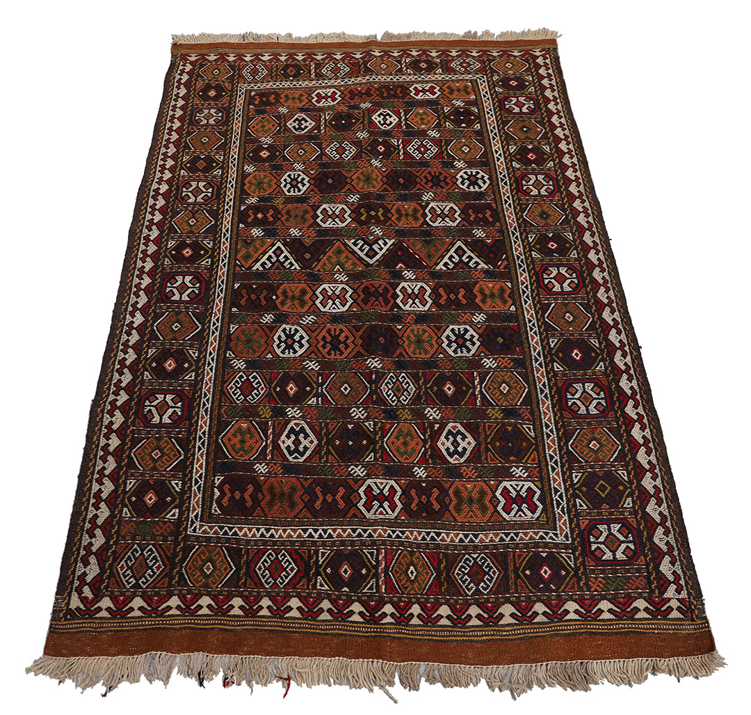 4'x6' Vintage Persian Kurdish Soumak Weave Kilim Rug