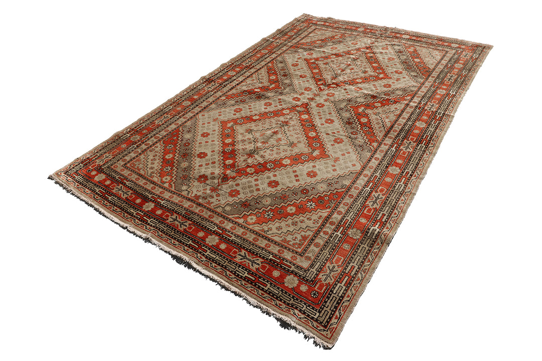 6'x9' Rust Cream Grey Ivory Geometric Design Vintage Samarkand Yarkand Rug