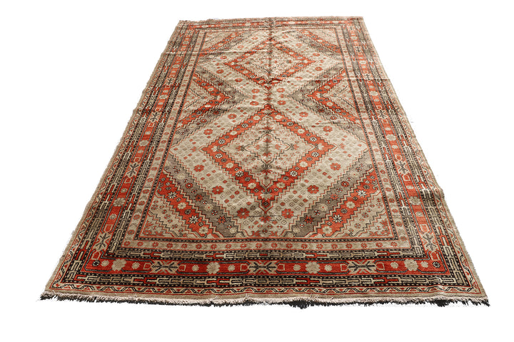 6'x9' Rust Cream Grey Ivory Geometric Design Vintage Samarkand Yarkand Rug