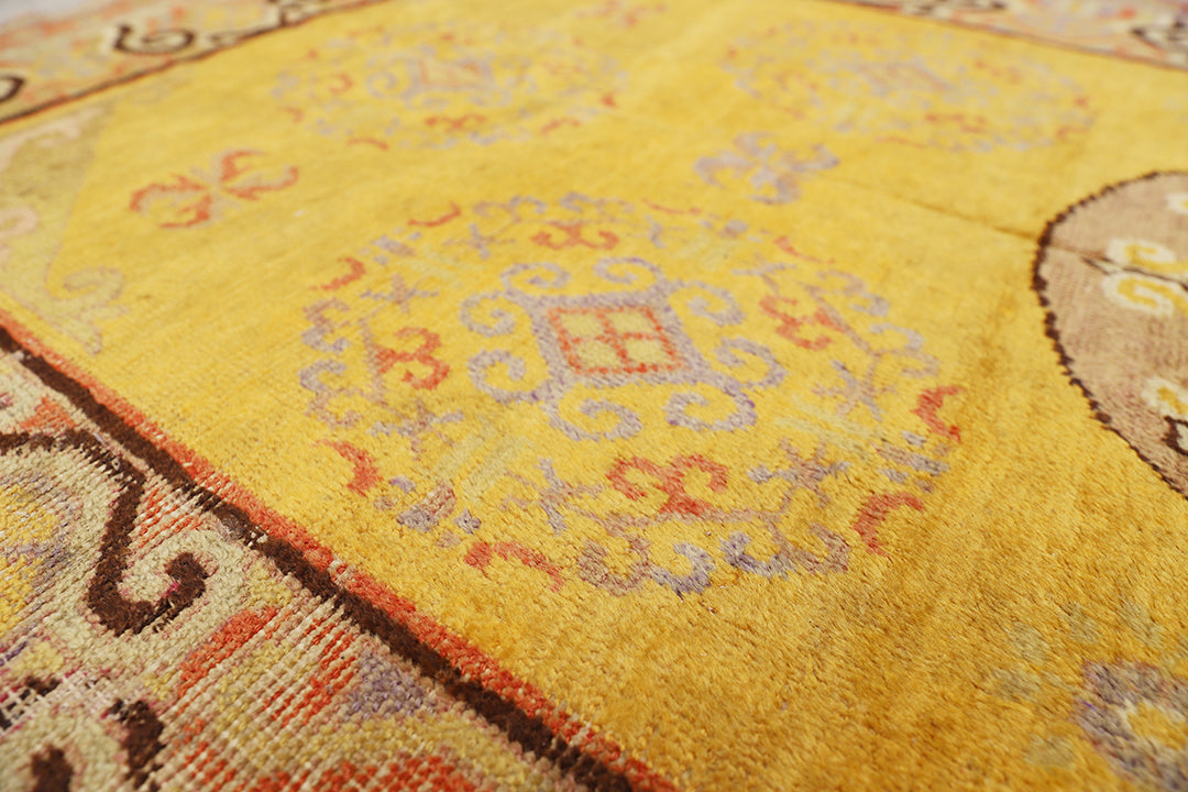 4'x8' Vintage Khotan Rug | Saffron Yellow | Medallions | East Turkistan