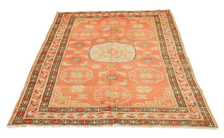 5'x8' Orange Balck Grey Medallion Design Vintage Samarkand Khotan Rug