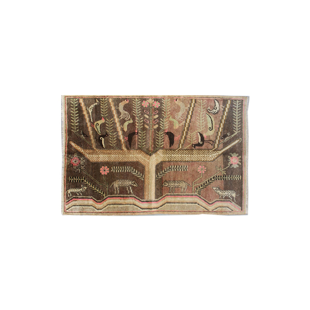 Rare 5x7 vintage Samarkand Yarkand hand-knotted wool area rug featuring birds on a Tree of Life motif on a grey-brown field by Ariana Rugs.
