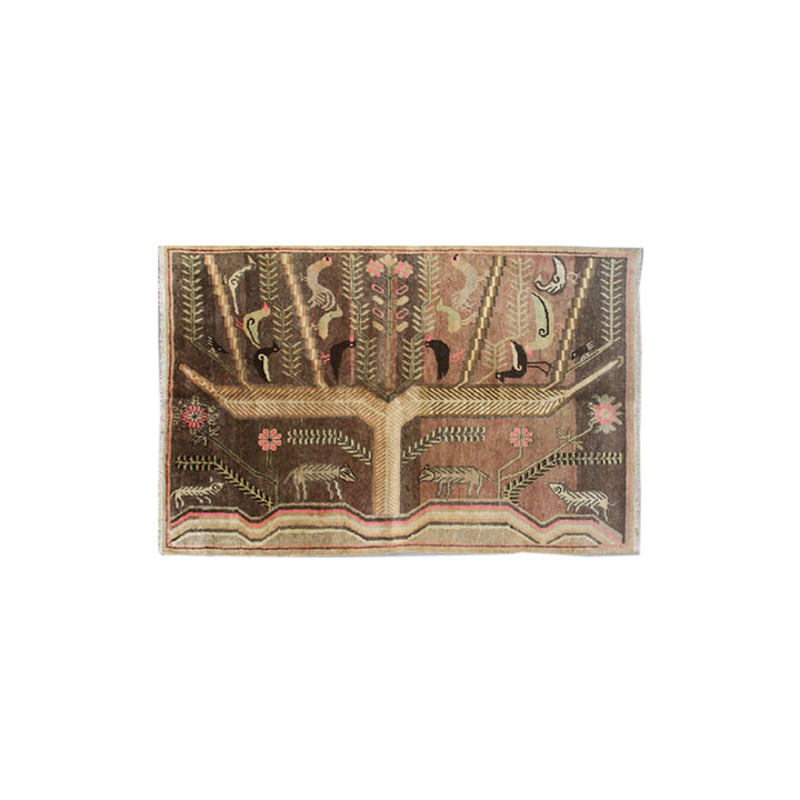 Rare 5x7 vintage Samarkand Yarkand hand-knotted wool area rug featuring birds on a Tree of Life motif on a grey-brown field by Ariana Rugs.