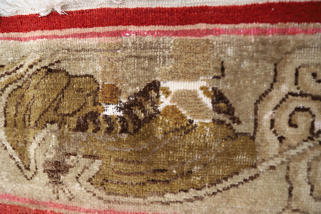 3'x3' Antique Khotan Rug | Chinese Red Foo Dog & Bat Motif | Hand Knotted