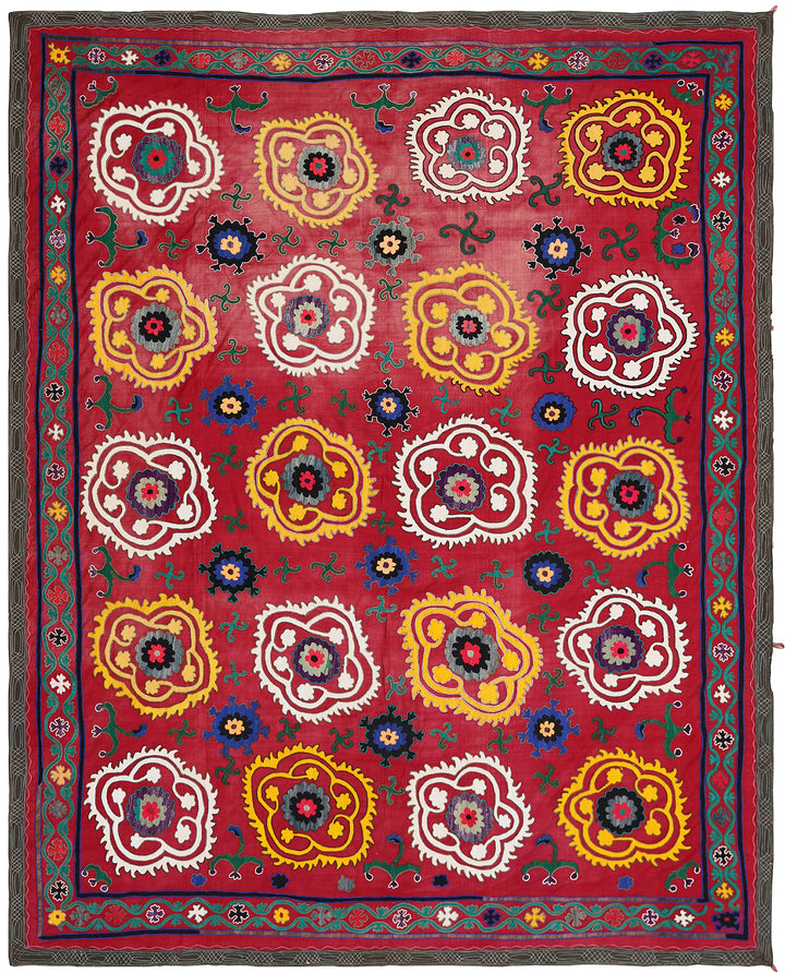 6'x8' Hand-Embroidered Uzbek Suzani Tapestry: Yellow and White Medallion Designs on Red