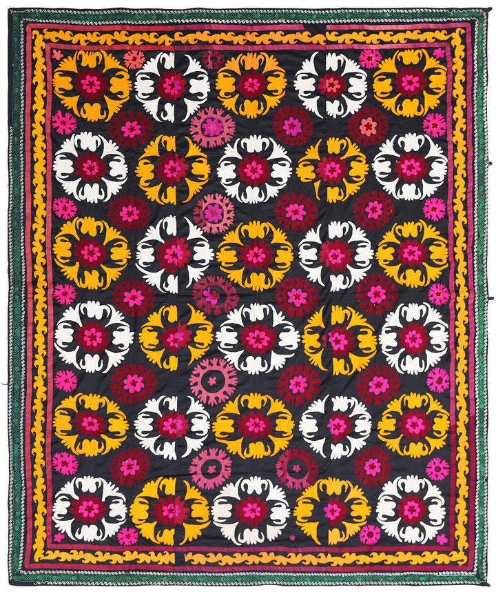 7'x9' Vintage Hand-Embroidered Uzbek Suzani Tapestry: Yellow and White Medallion Designs on Black