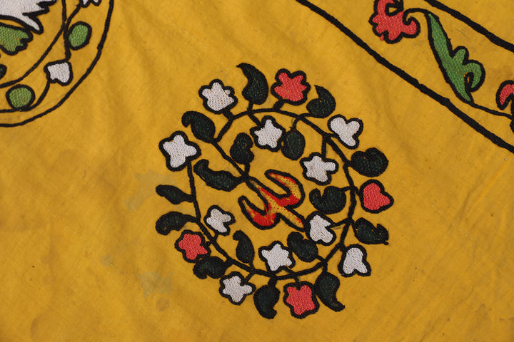 7'x8' Hand-Embroidered Uzbek Suzani Tapestry: Five Large Medallions on Saffron Yellow