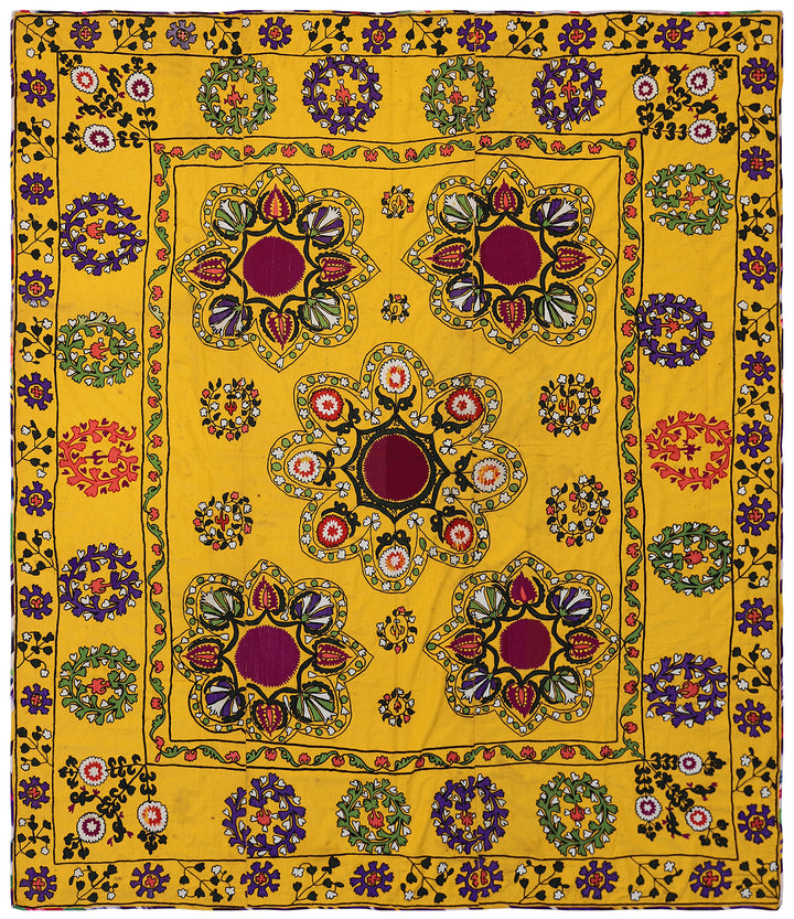 7'x8' Hand-Embroidered Uzbek Suzani Tapestry: Five Large Medallions on Saffron Yellow