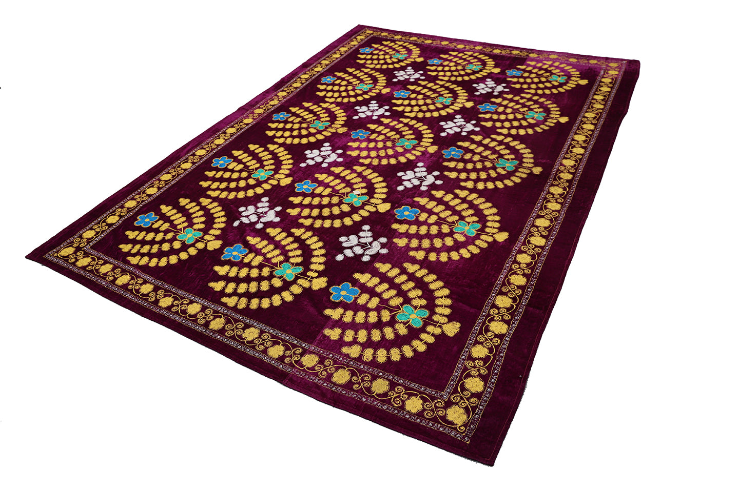 8'x10' Finely stitched Uzbek Suzani Textile Boasting a Vibrant Magenta Velvet Backdrop