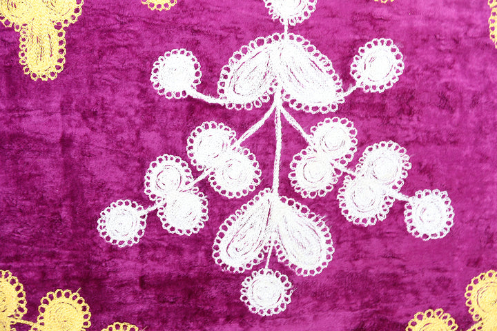 8'x10' Finely stitched Uzbek Suzani Textile Boasting a Vibrant Magenta Velvet Backdrop