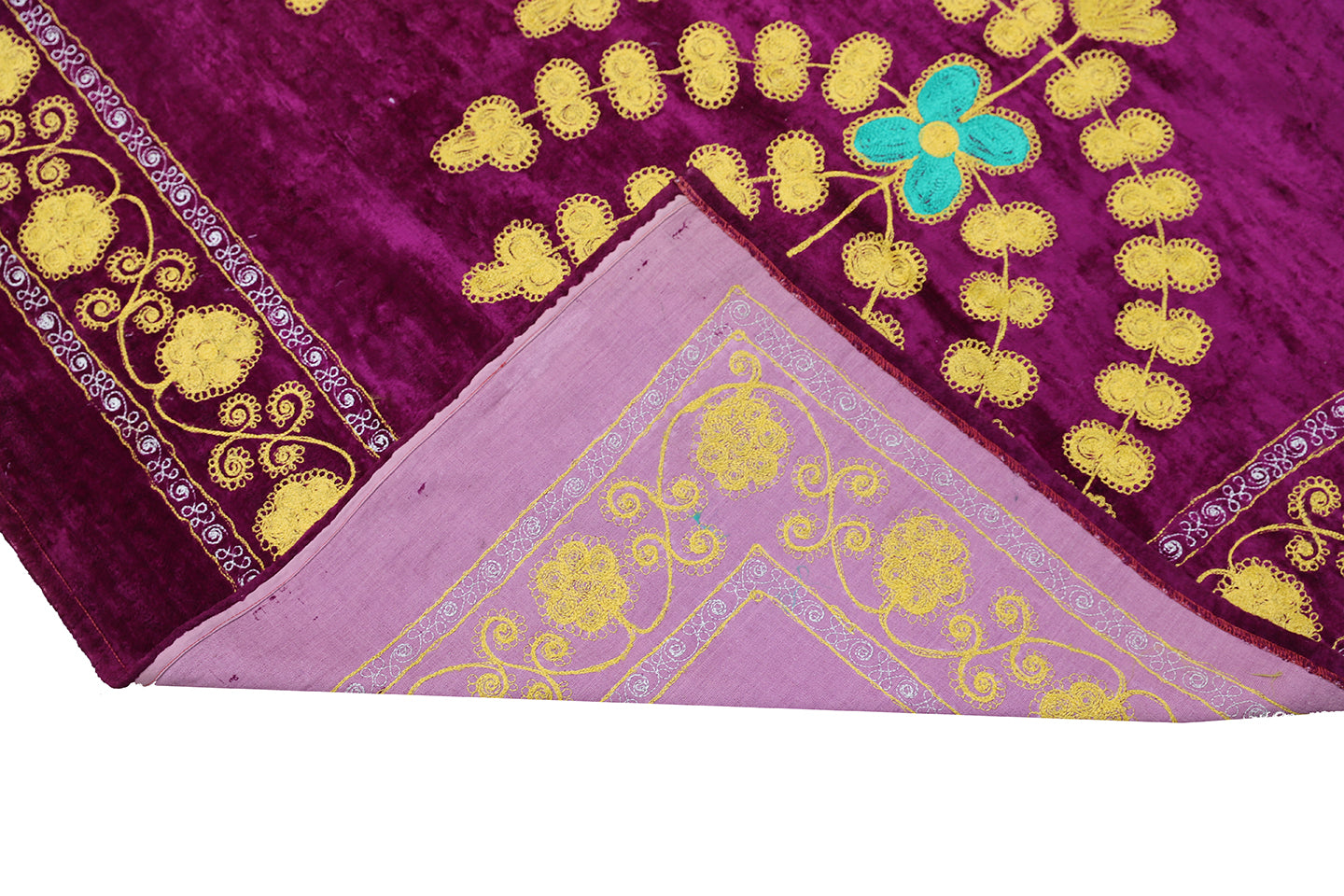 8'x10' Finely stitched Uzbek Suzani Textile Boasting a Vibrant Magenta Velvet Backdrop