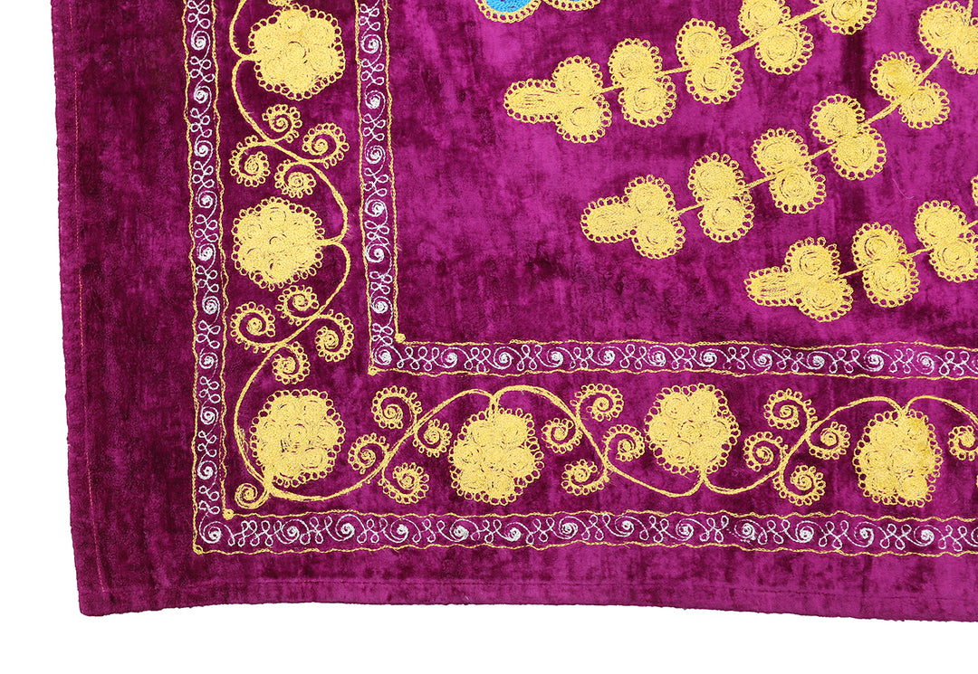 8'x10' Finely stitched Uzbek Suzani Textile Boasting a Vibrant Magenta Velvet Backdrop