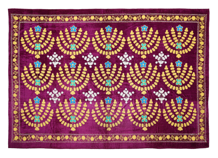 8'x10' Finely stitched Uzbek Suzani Textile Boasting a Vibrant Magenta Velvet Backdrop