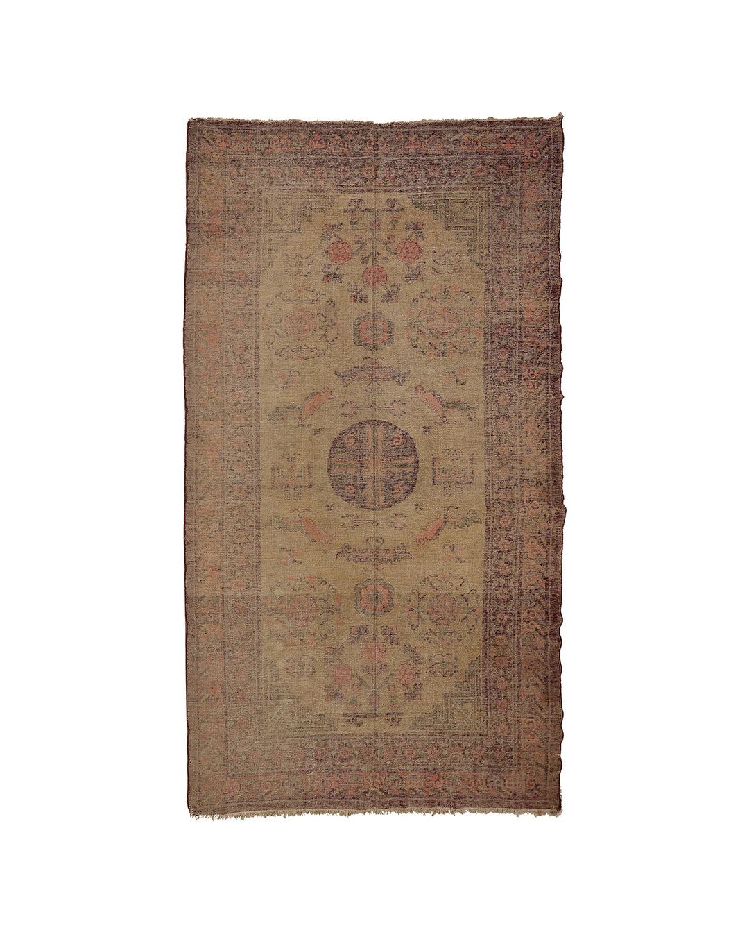 Image Alt Text: Rare 5x10 antique Samarkand Khotan hand-knotted silk area rug in gold, pink, green, and brown by Ariana Rugs.
