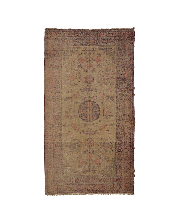 Image Alt Text: Rare 5x10 antique Samarkand Khotan hand-knotted silk area rug in gold, pink, green, and brown by Ariana Rugs.