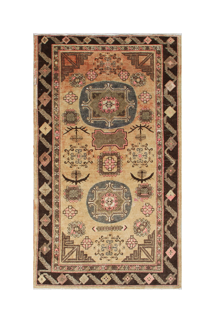 Decorative rug with intricate patterns on a white background