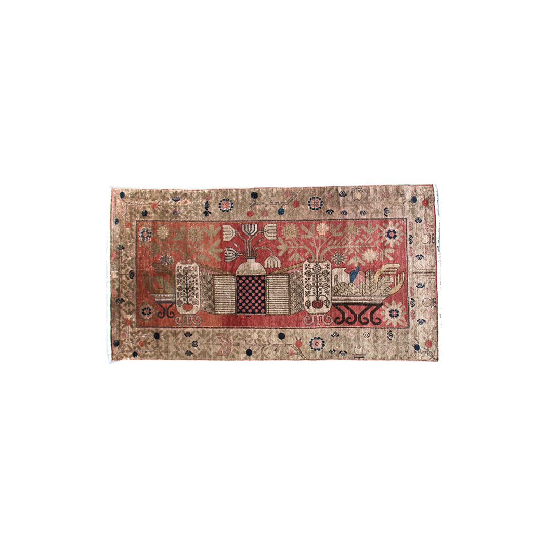 Image Alt Text: Rare 5x11 vintage Samarkand pictorial tapestry wool rug featuring floral vases on a rich red field with grey border by Ariana Rugs.