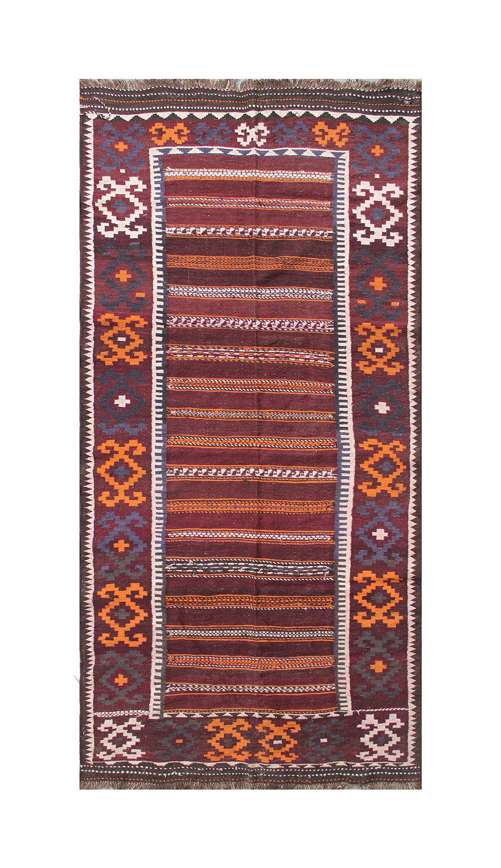 Traditional patterned rug with vertical stripes and geometric designs on a white background