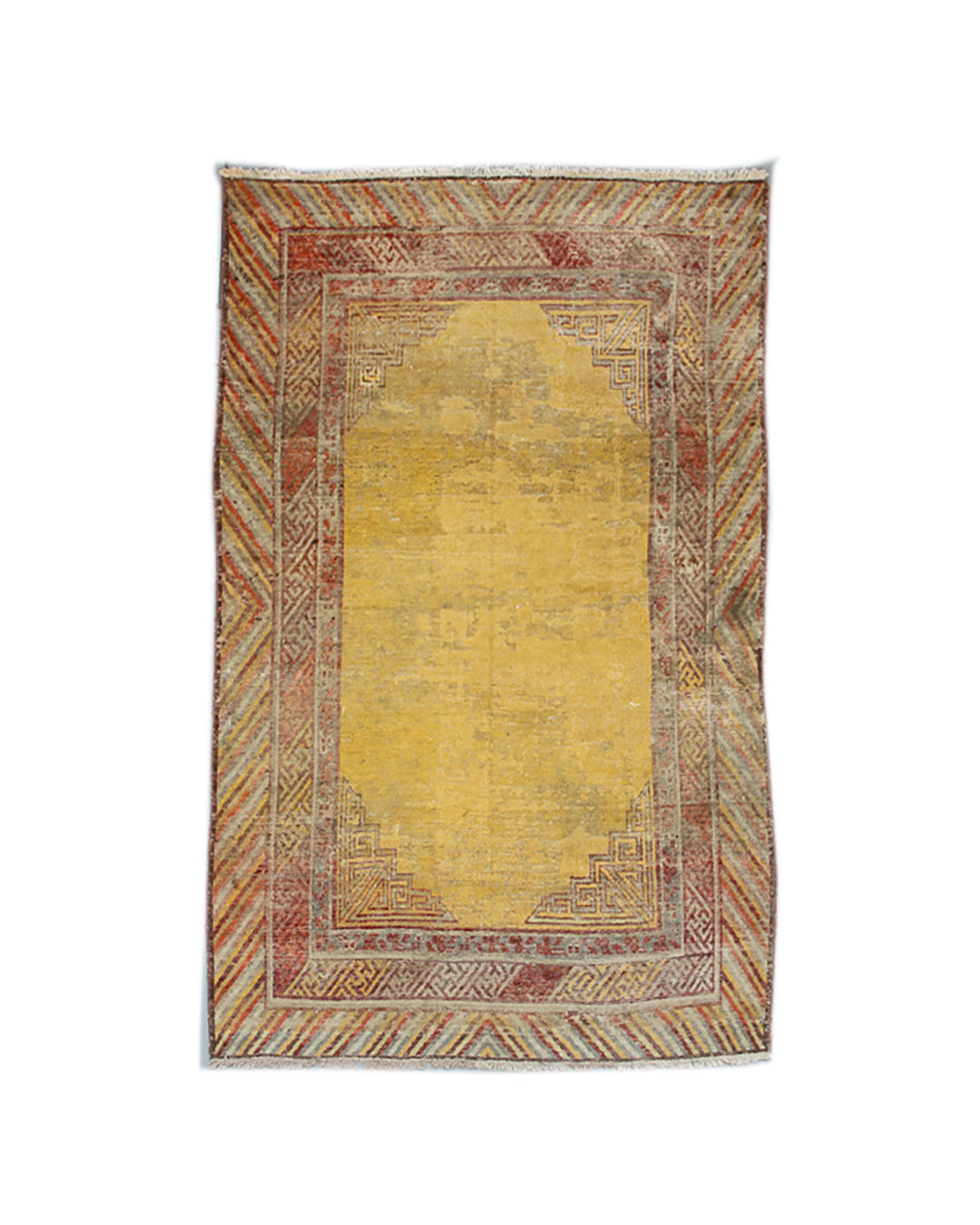 Rare 5x7 Antique Khotan Samarkand wool area rug with golden yellow open field, red geometric border, expertly preserved by master rug weavers at Ariana Rugs.