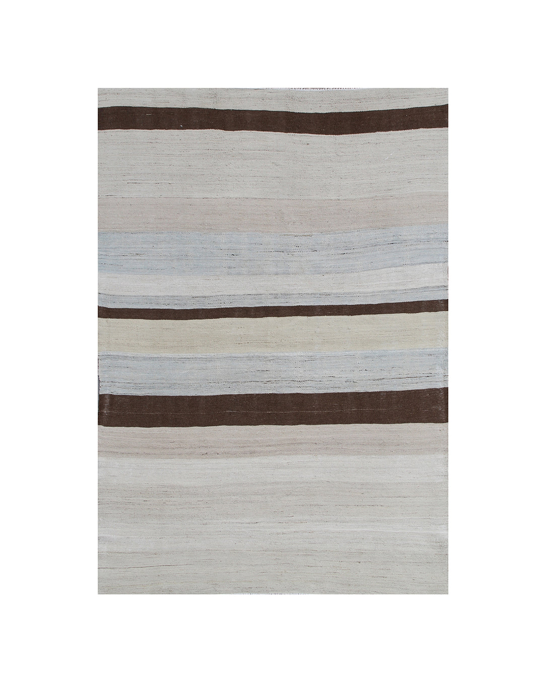 A 5x7 Ariana handmade wool flatweave kilim rug featuring a soft blue and white striped design layout.