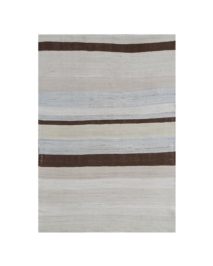 A 5x7 Ariana handmade wool flatweave kilim rug featuring a soft blue and white striped design layout.