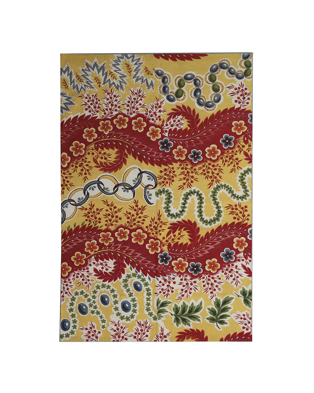 Handwoven wool and silk Aubusson tapestry rug in vibrant red, yellow, green, and white, crafted by skilled artisans. Luxury European‑inspired design from the Ariana Collection.