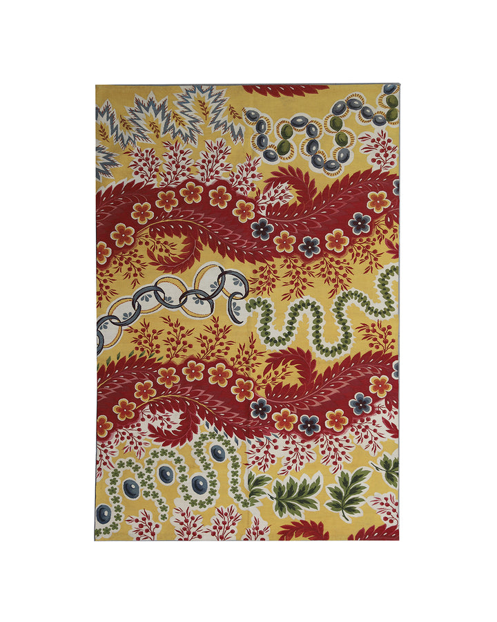 Handwoven wool and silk Aubusson tapestry rug in vibrant red, yellow, green, and white, crafted by skilled artisans. Luxury European‑inspired design from the Ariana Collection.