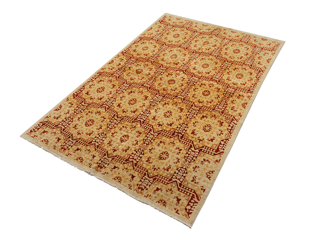 Decorative rug with red geometric pattern on beige background