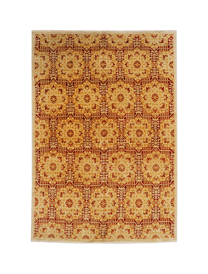 Decorative rug with geometric pattern on a beige background