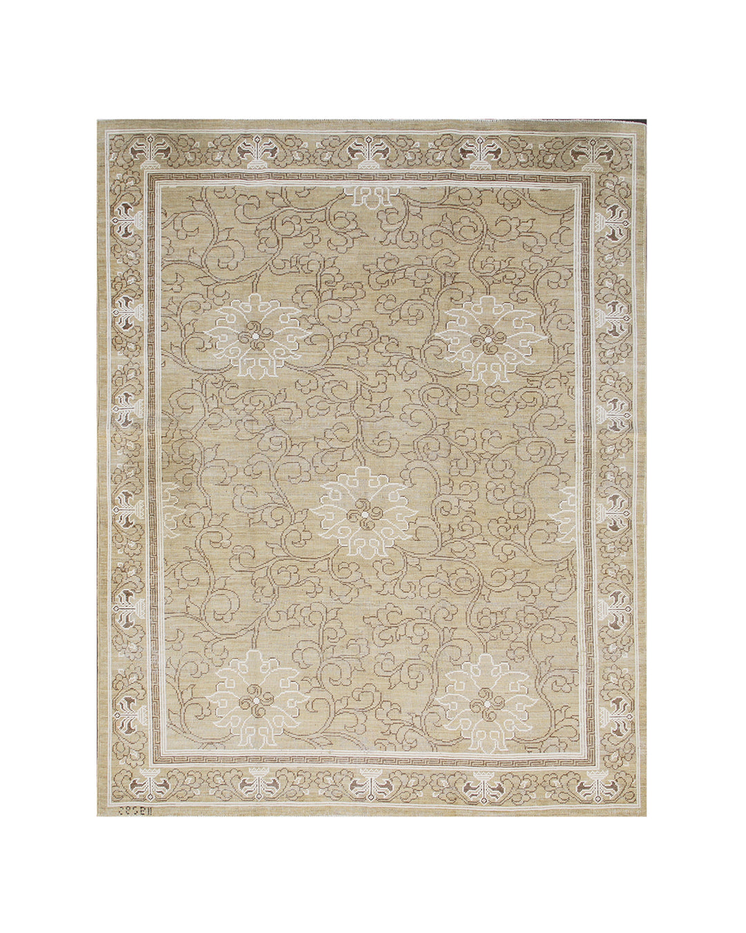 6'6" x 5'1" Hand-knotted Ariana Samarkand wool area rug featuring an intricate ivory white, golden hue, and brown pattern.