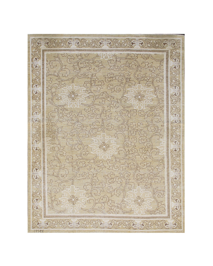6'6" x 5'1" Hand-knotted Ariana Samarkand wool area rug featuring an intricate ivory white, golden hue, and brown pattern.