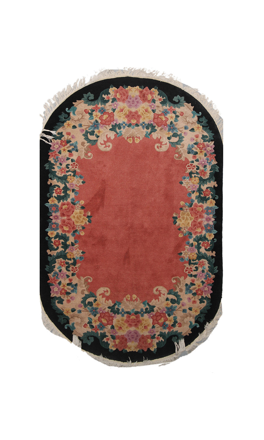 5'x7' Oval Red and Black Floral Chinese Art Deco Rug