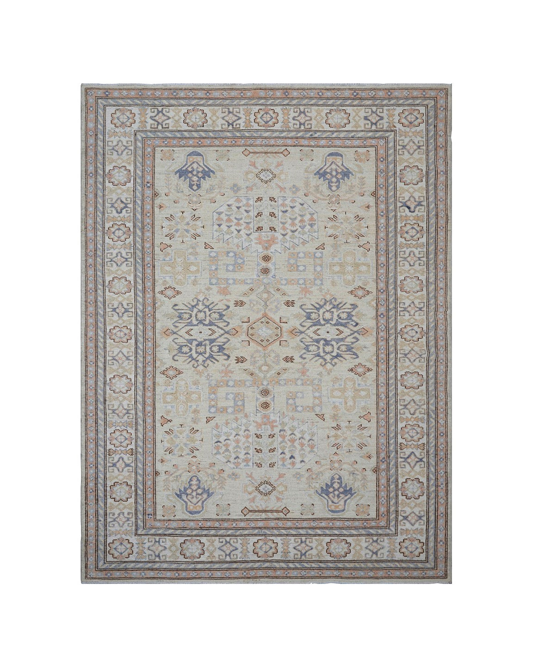 5x7 Ariana Hazara Geometric Rug | Sand & Blue Caucasian Design Afghan Rug