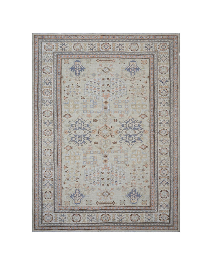 5x7 Ariana Hazara Geometric Rug | Sand & Blue Caucasian Design Afghan Rug