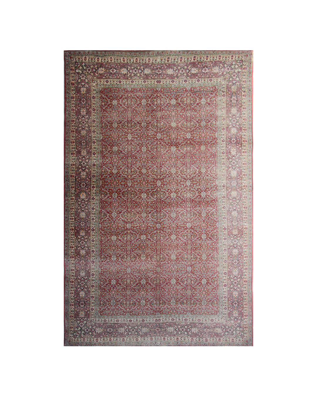A rectangular traditional area rug with an intricate floral pattern, featuring a dusty rose center field, beige and cream borders, and a muted green outer border, shown flat against a white background.