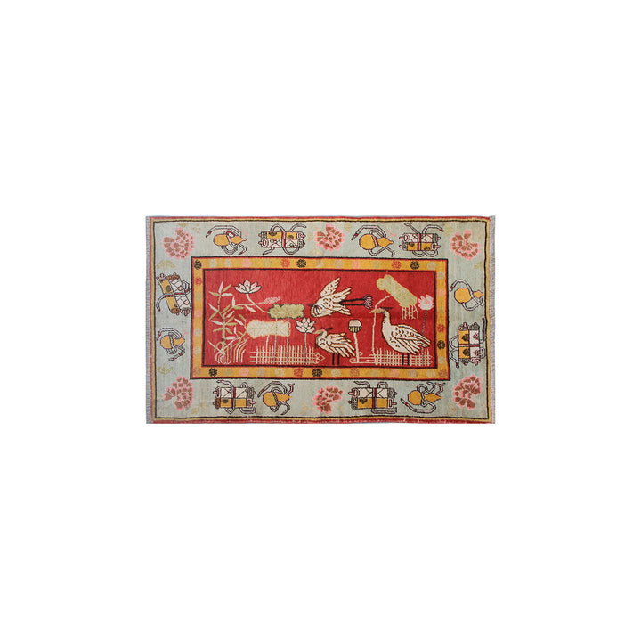 5'x8' Antique Samarkand Rug | Pictorial Rug | Red Wool Rug