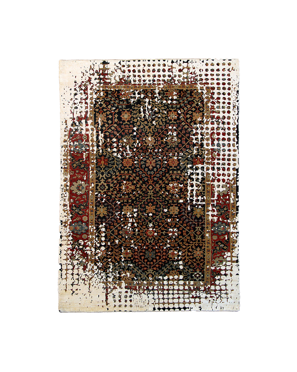 Decorative rug with intricate patterns on a white background