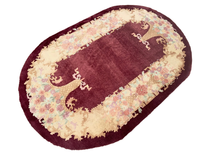 5'x8' Oval Rug | Burgundy Maroon |Vintage Chinese Art Deco Rug