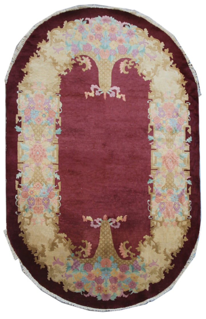 5'x8' Oval Rug | Burgundy Maroon |Vintage Chinese Art Deco Rug