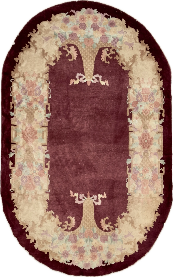 5'x8' Oval Rug | Burgundy Maroon |Vintage Chinese Art Deco Rug