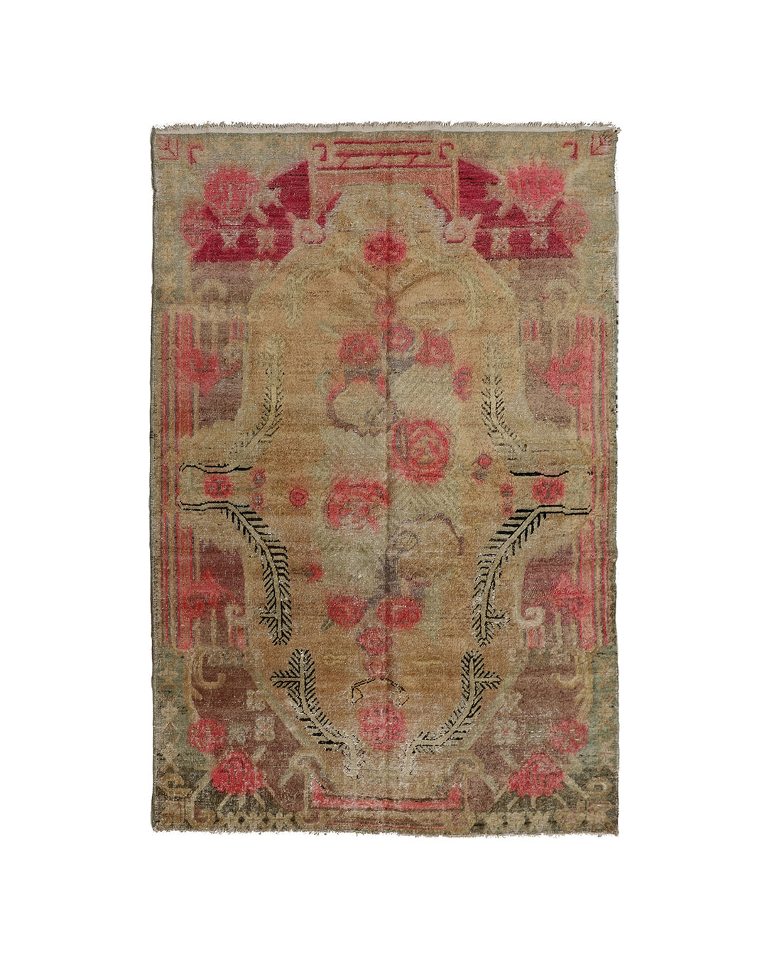A rectangular vintage-style area rug with a distressed medallion pattern in beige, dusty red, and brown, shown flat against a plain white background.