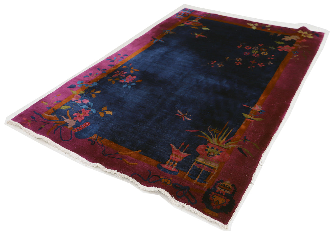 5'x8' Vintage Chinese Art Deco Rug | Navy Wool Area Rug