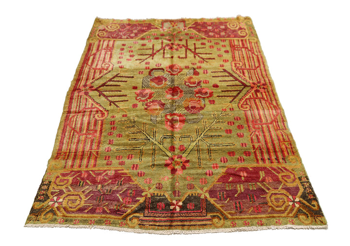 5'x8' Vintage Khotan Hand-Knotted Rug – Floral Green & Red Rug
