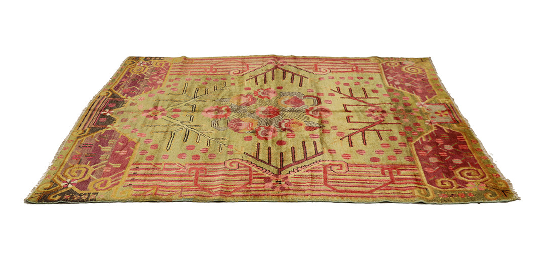 5'x8' Vintage Khotan Hand-Knotted Rug – Floral Green & Red Rug