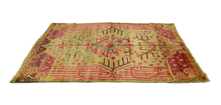 5'x8' Vintage Khotan Hand-Knotted Rug – Floral Green & Red Rug