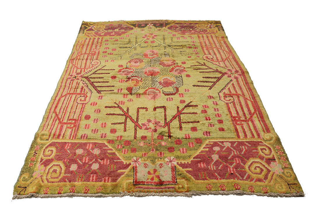 5'x8' Vintage Khotan Hand-Knotted Rug – Floral Green & Red Rug