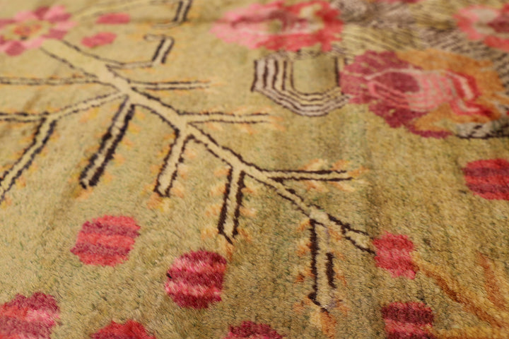 5'x8' Vintage Khotan Hand-Knotted Rug – Floral Green & Red Rug