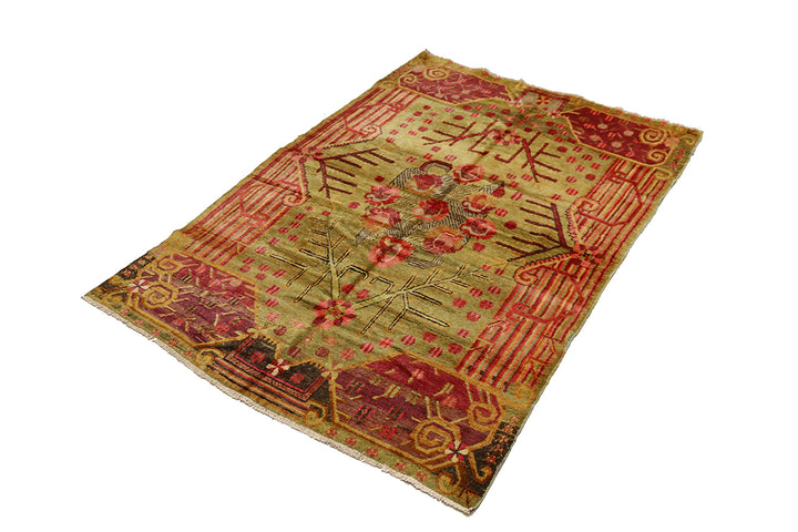 5'x8' Vintage Khotan Hand-Knotted Rug – Floral Green & Red Rug