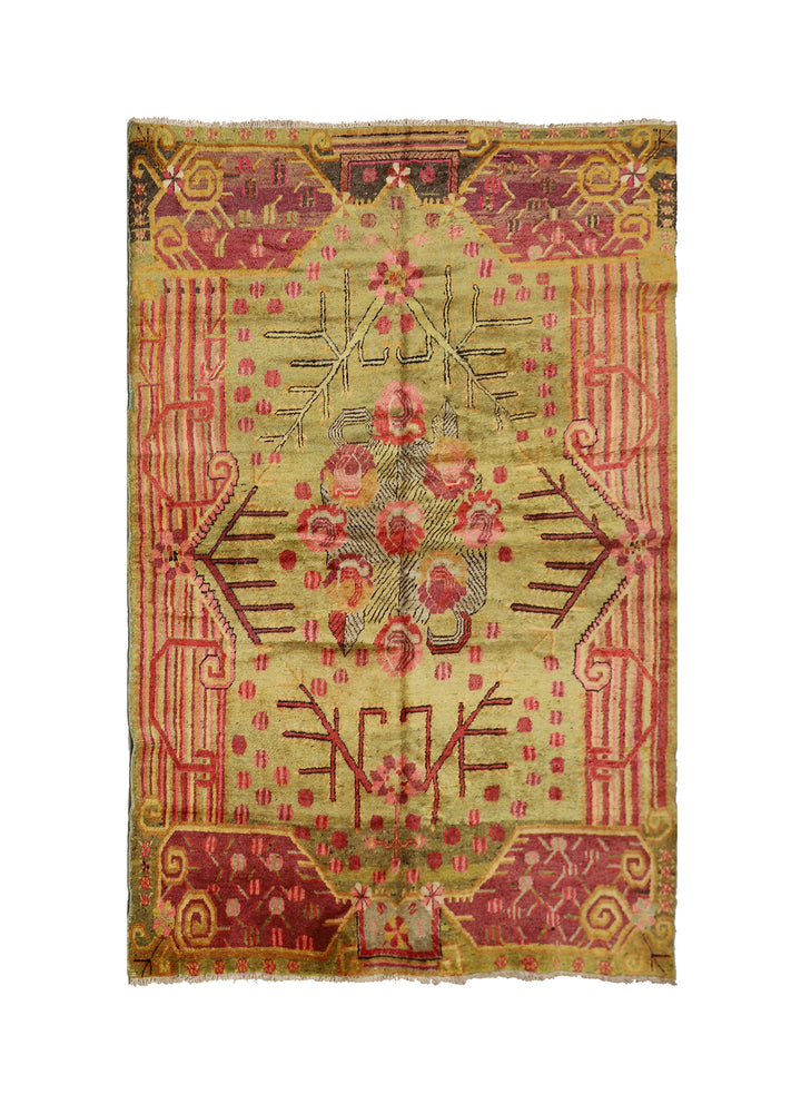 5'x8' Vintage Khotan Hand-Knotted Rug – Floral Green & Red Rug