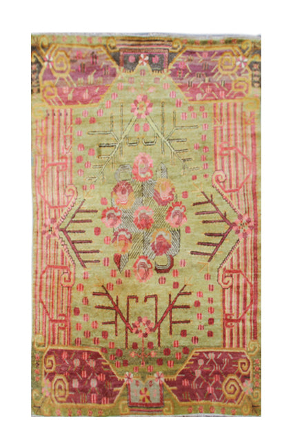 5'x8' Vintage Khotan Hand-Knotted Rug – Floral Green & Red Rug